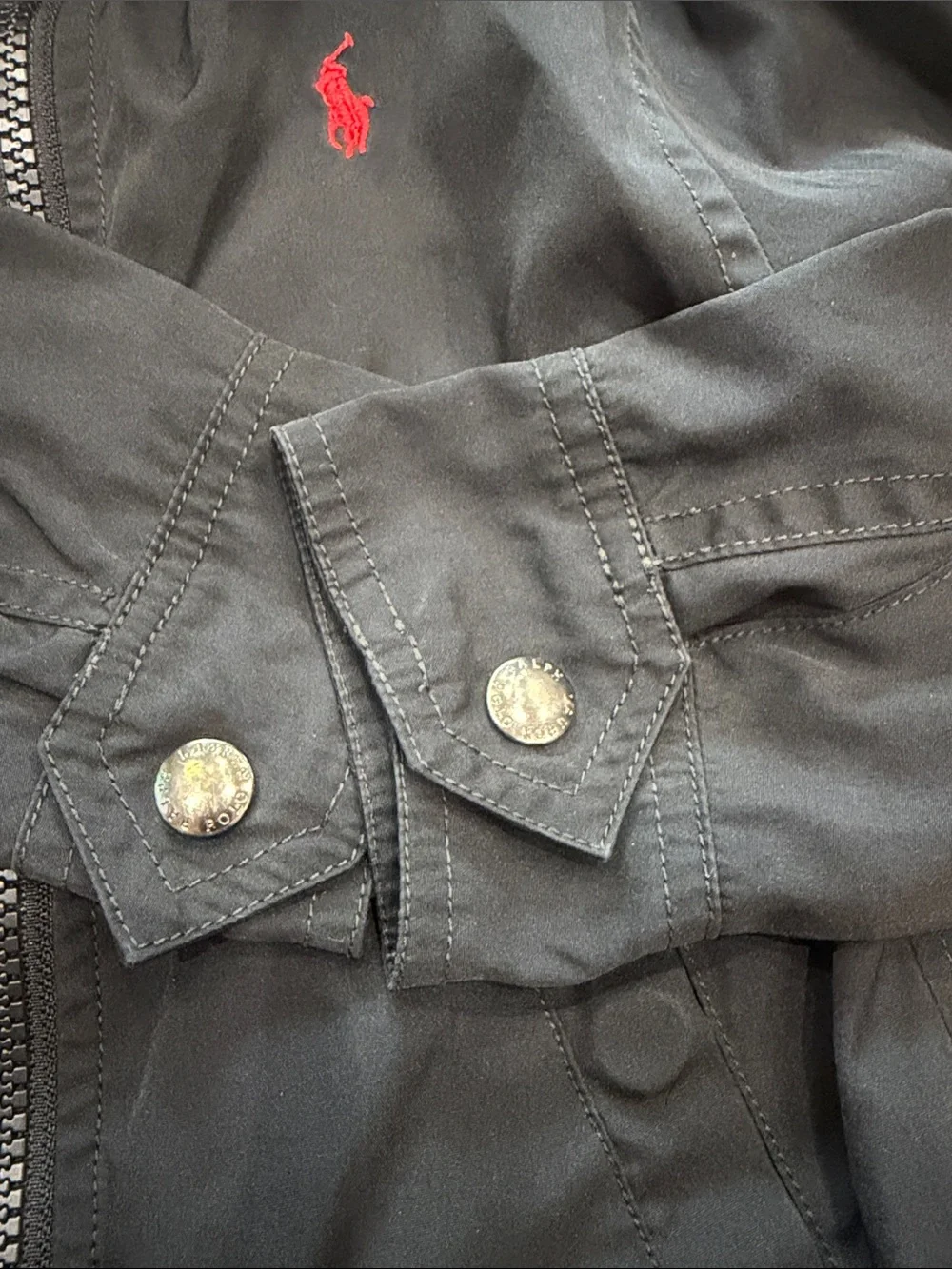 Ralph Lauren Black Jacket with Red Polo Logo, optional hoodie.